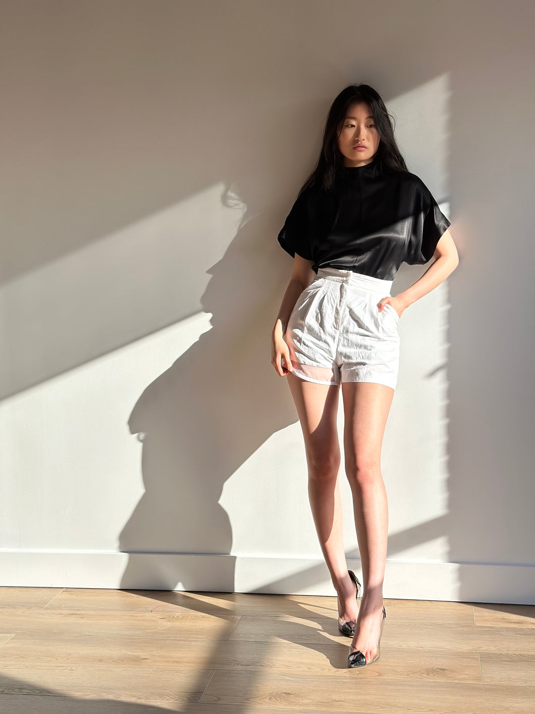 HAZEY Shorts - Linen | Pleated Shorts with Asymmetric Sheer Panel