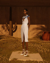 Load image into Gallery viewer, israella KOBLA cap sleeve midi dress with v neck cut out in colour blue and white
