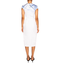 Load image into Gallery viewer, israella KOBLA cap sleeve midi dress with v neck cut out in colour blue and white
