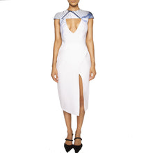 Load image into Gallery viewer, israella KOBLA cap sleeve midi dress with v neck cut out in colour blue and white
