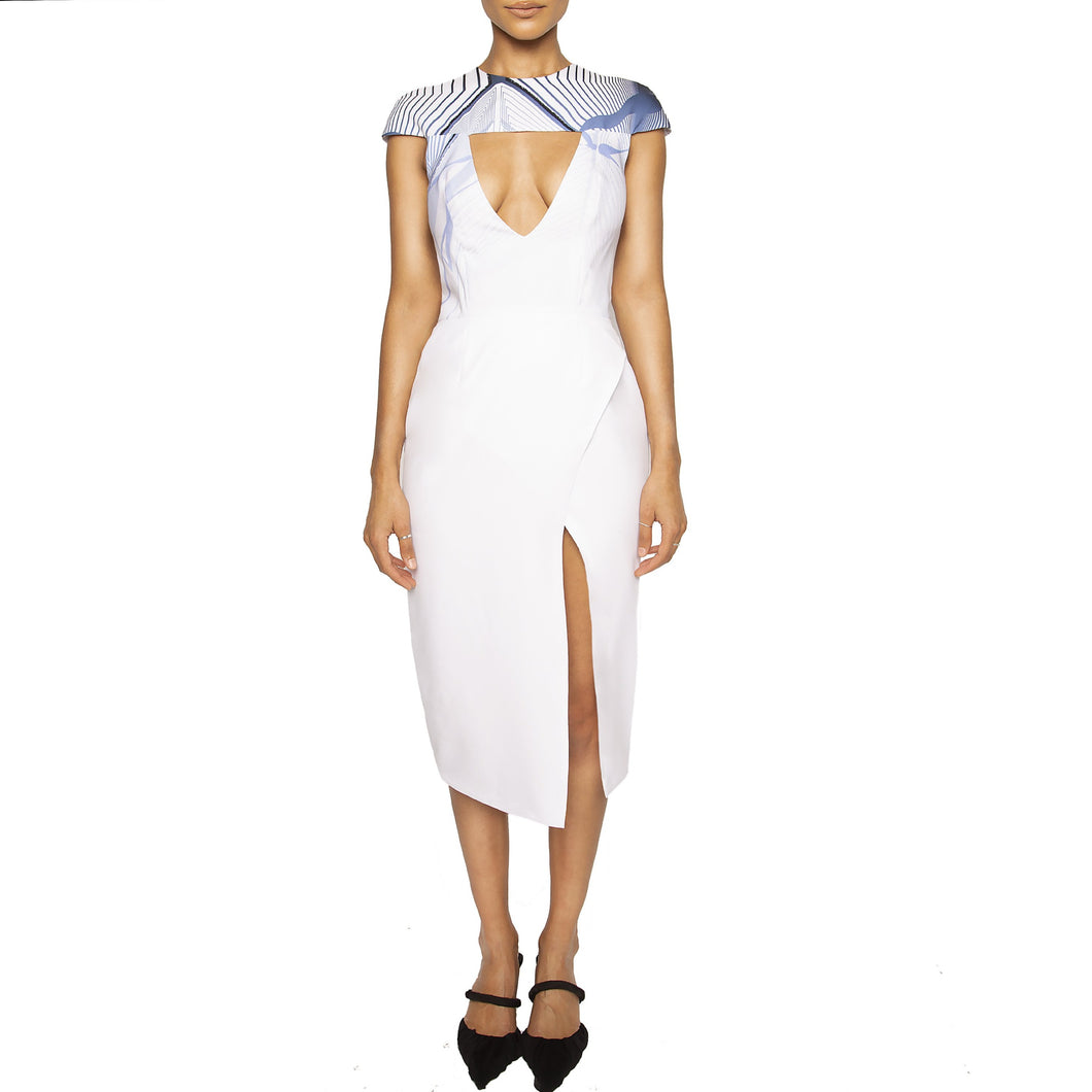 israella KOBLA cap sleeve midi dress with v neck cut out in colour blue and white