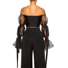 Load image into Gallery viewer, israella KOBLA off shoulder crop top with sheer sleeves and front cut out in black
