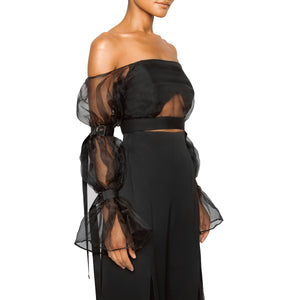 israella KOBLA off shoulder crop top with sheer sleeves and front cut out in black