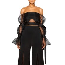 Load image into Gallery viewer, israella KOBLA off shoulder crop top with sheer sleeves and front cut out in black
