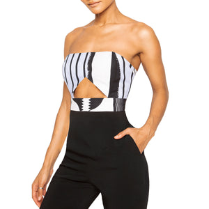 MOBO | Strapless Crop Top in Black and Blue Print